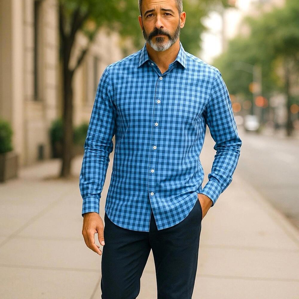 Bugatchi Uomo Men’s Shirt Blue Checkered Long Sleeve Flip Cuffs Large